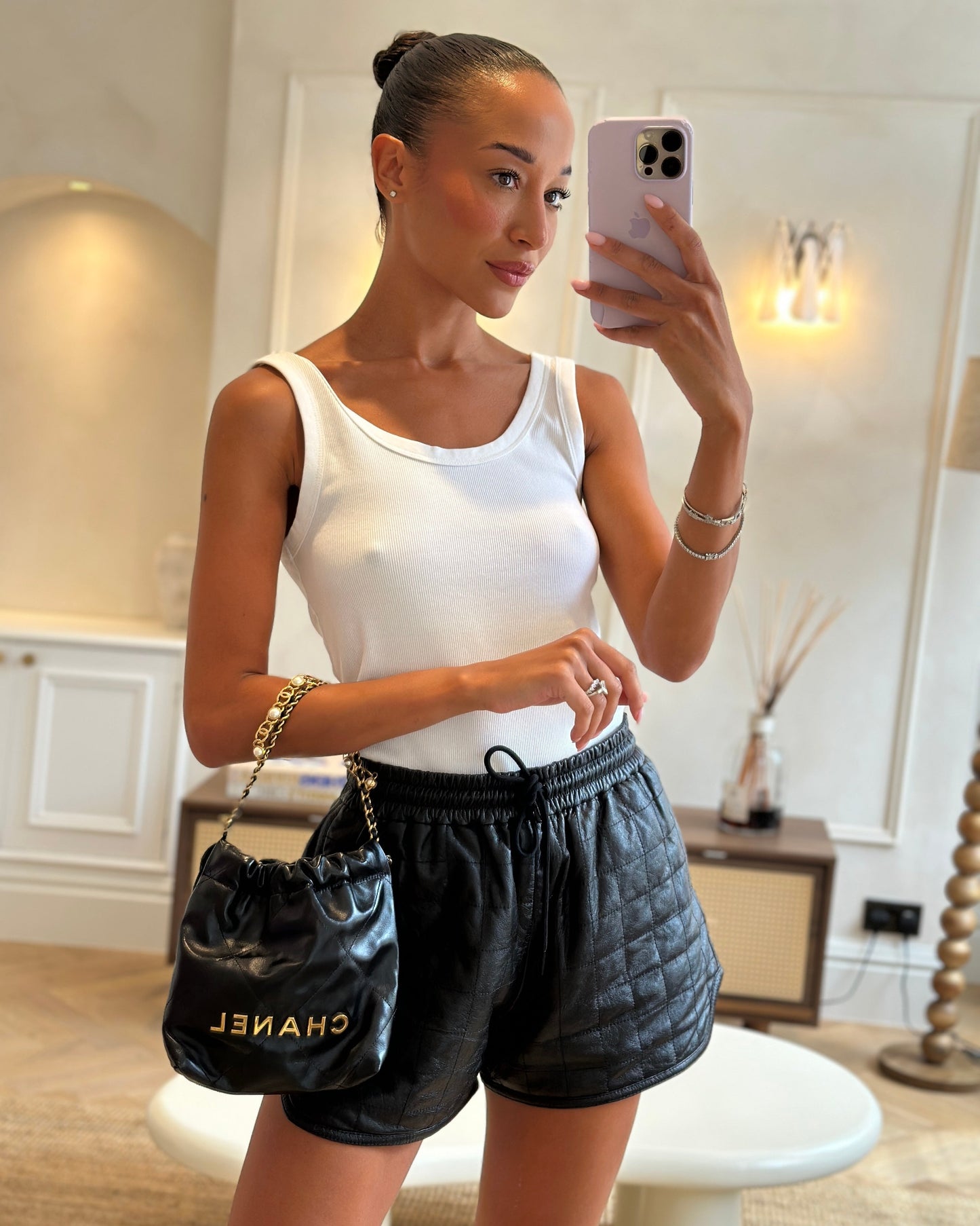 *RARE* Chanel Mini 22 Bag in Black Shiny Calfskin with Gold Hardware and Pearls CC Chain Detail