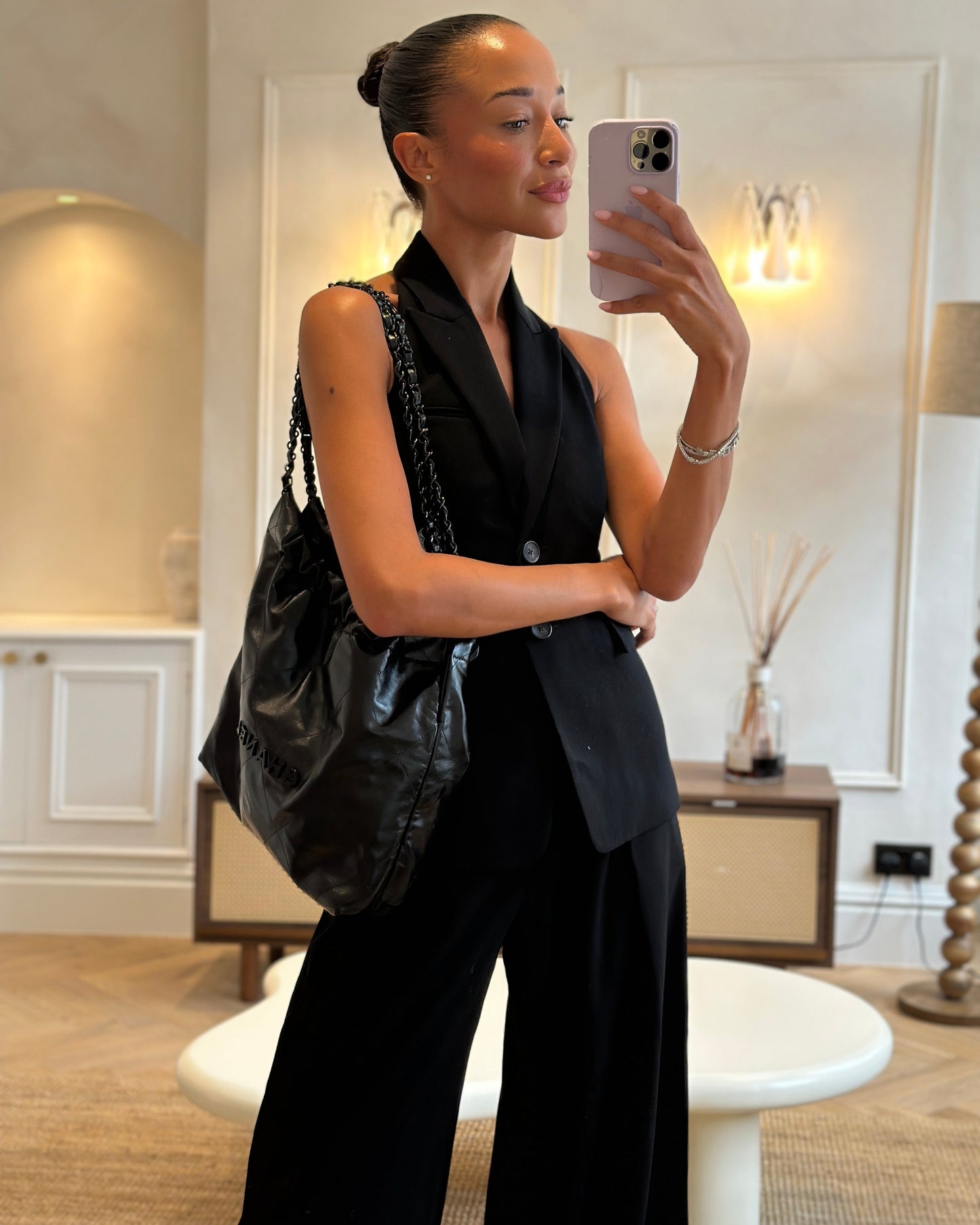 Chanel 22 Small Hobo Bag in Black Calfskin Leather with So Black Hardware