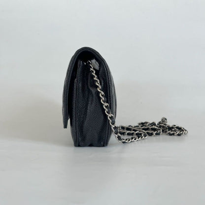 Chanel quilted black caviar wallet on chain with silver-hardware