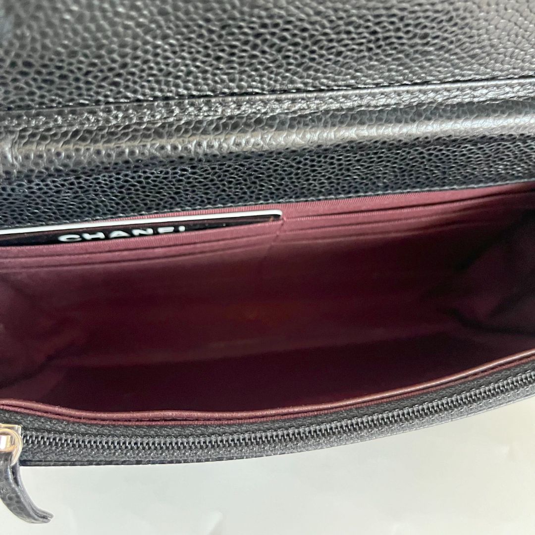 Chanel quilted black caviar wallet on chain with silver-hardware