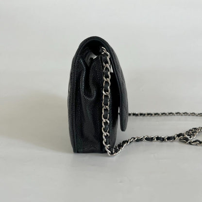 Chanel quilted black caviar wallet on chain with silver-hardware
