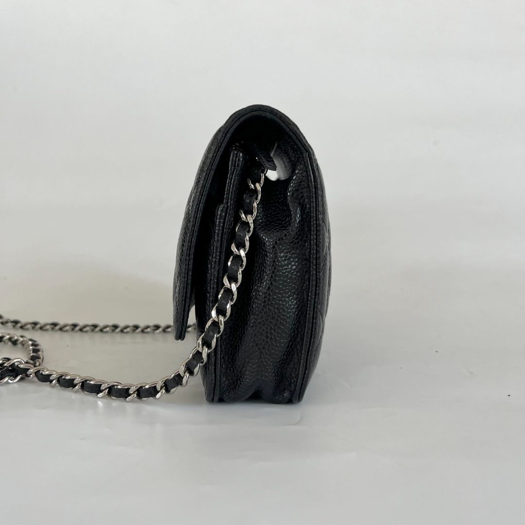 Chanel quilted black caviar wallet on chain with silver-hardware