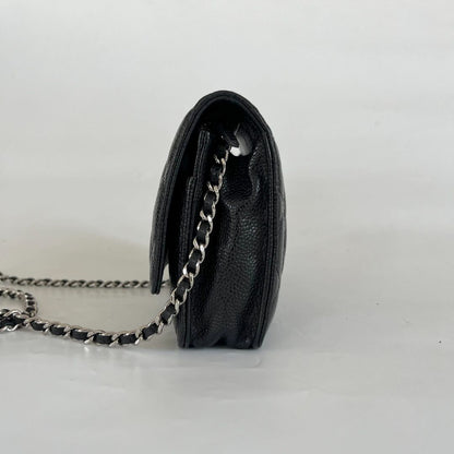 Chanel quilted black caviar wallet on chain with silver-hardware