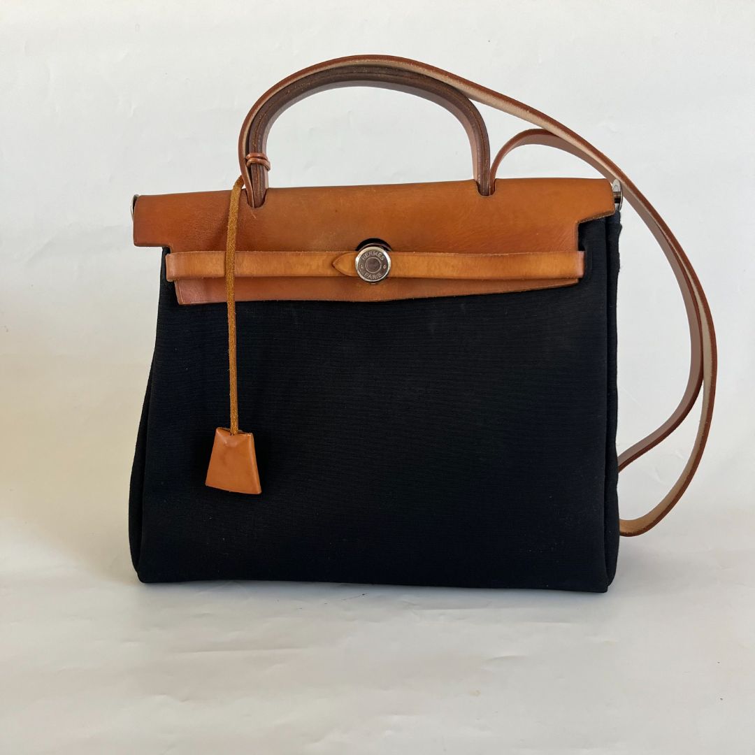 Hermès Natural Vache Hunter and Black Toile Herbag Zip 31 Palladium Hardware