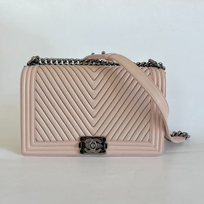 Chanel light pink chevron new medium flap bag w/ beaded detail
