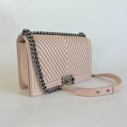 Chanel light pink chevron new medium flap bag w/ beaded detail