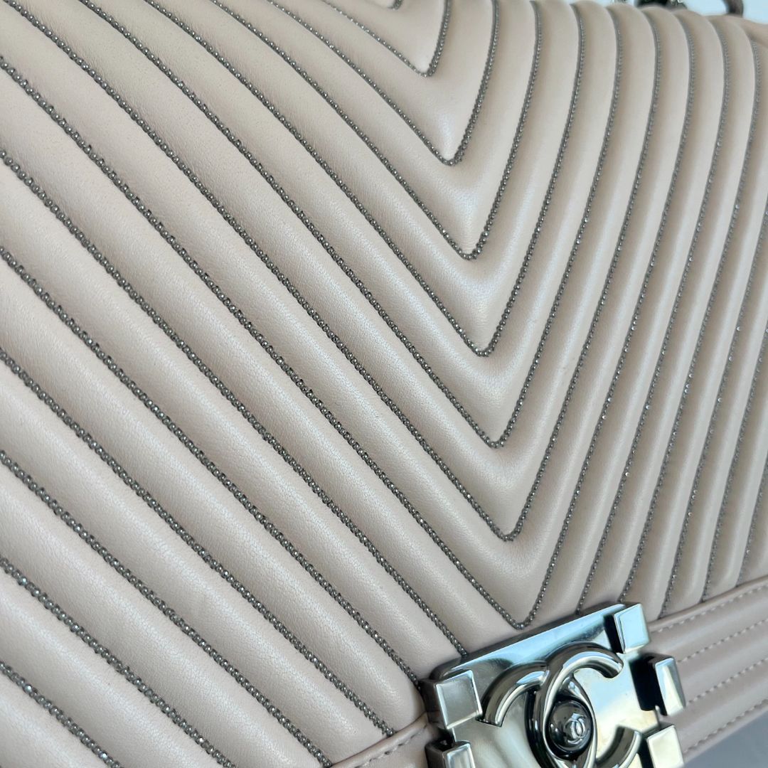 Chanel light pink chevron new medium flap bag w/ beaded detail