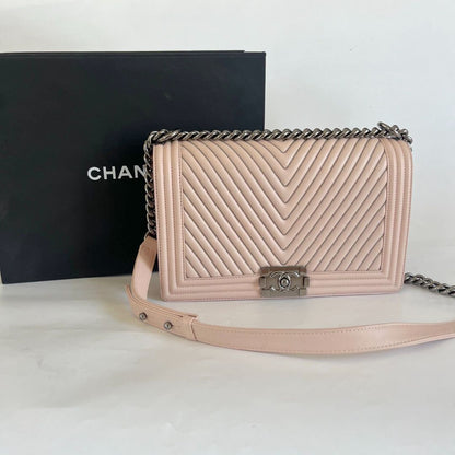 Chanel light pink chevron new medium flap bag w/ beaded detail