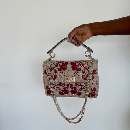 Valentino Beige/Red Flower Intarsia Leather Rockstud  Chain Shoulder Bag