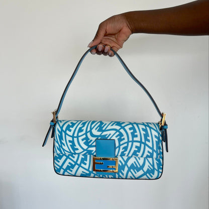 Fendi Blue/White Baguette 1997 Canvas Leather Shoulder Bag