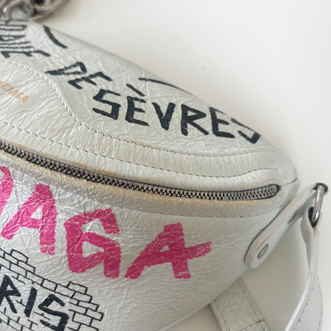 Balenciaga Agneau Graffiti All Over Souveniers Belt Bag White Multicolor