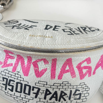 Balenciaga Agneau Graffiti All Over Souveniers Belt Bag White Multicolor