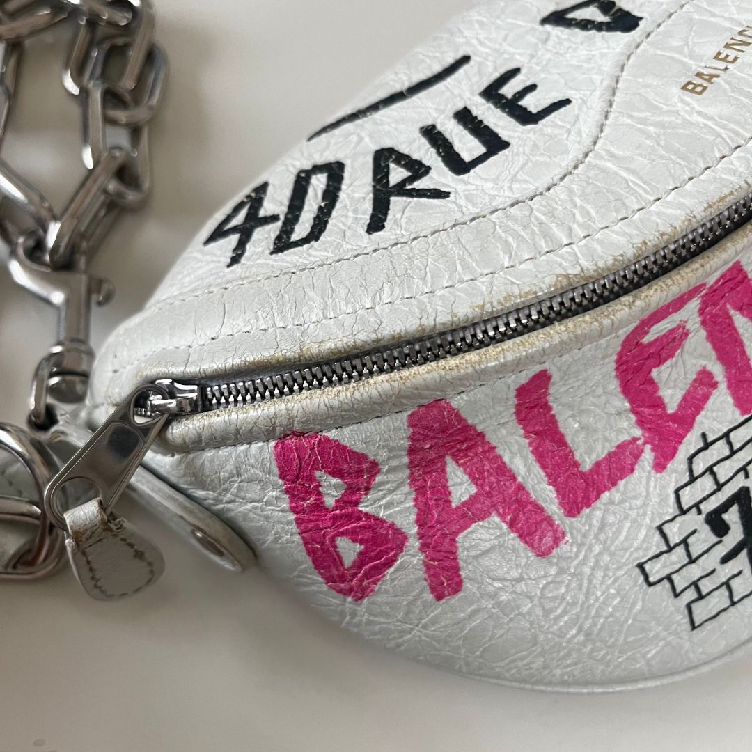 Balenciaga Agneau Graffiti All Over Souveniers Belt Bag White Multicolor