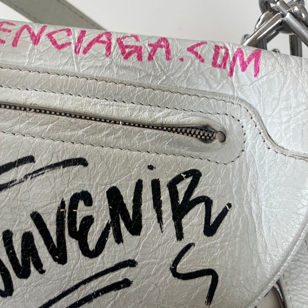 Balenciaga Agneau Graffiti All Over Souveniers Belt Bag White Multicolor