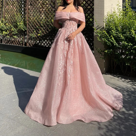 Pink glitter exquisite beading off-shoulder A-line elegant long tulle ball gown evening dress fairy princess dress gh2752