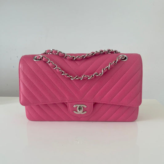 Chanel Caviar Leather chevron Pink Double Flap Bag