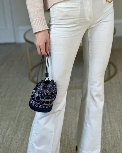 Hermès Soie-Cool Tiny Apron Doll Bag in Bleu Nuit Epsom Leather and Silk with Palladium Hardware