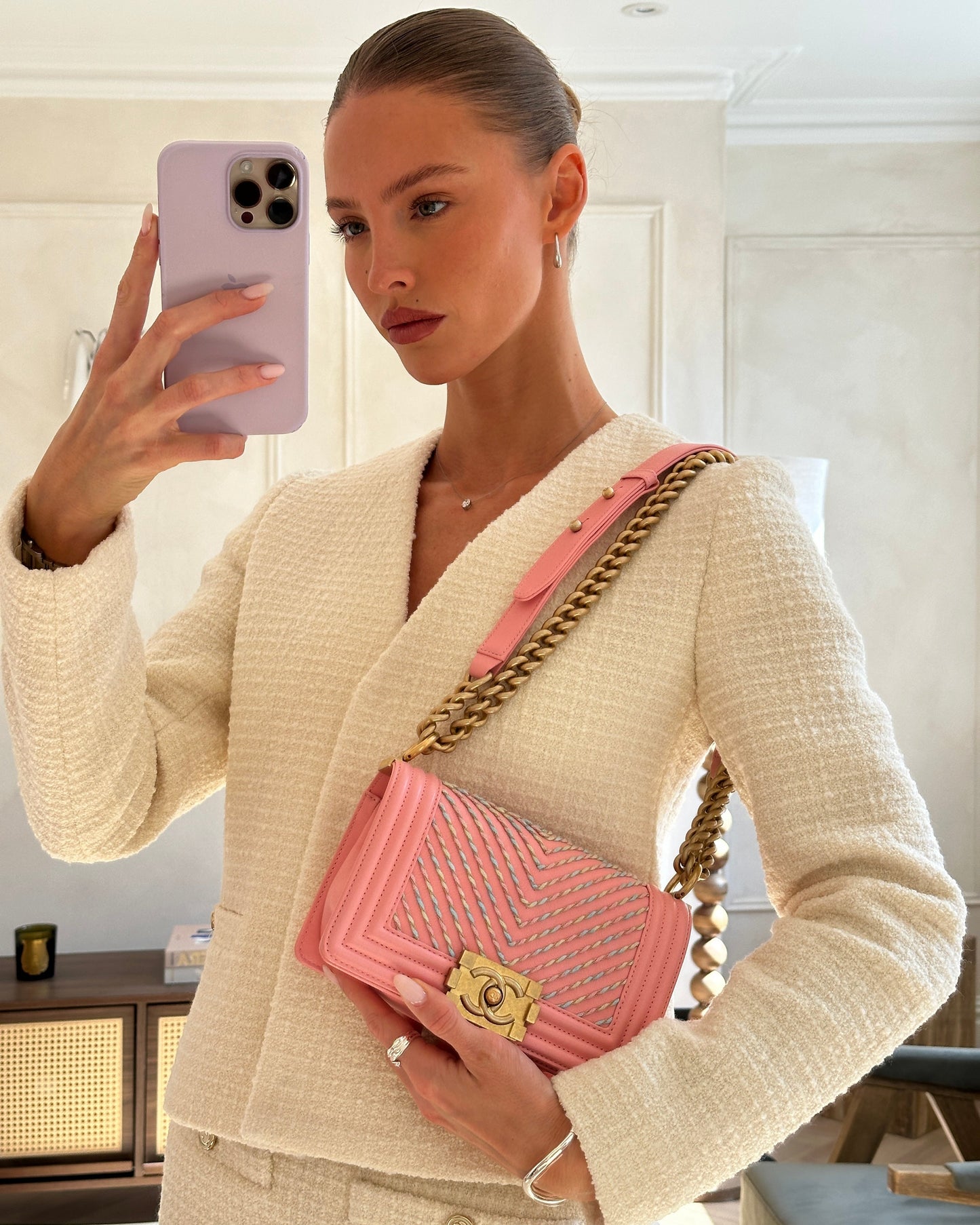 Chanel Pink Small Boy Bag in Lambskin Leather with Pastel Chevron Detail and Brushed Gold Hardware