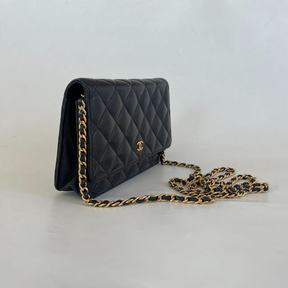 Chanel black quilted lambskin wallet on chain crossbody bag