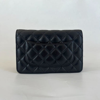 Chanel black quilted lambskin wallet on chain crossbody bag