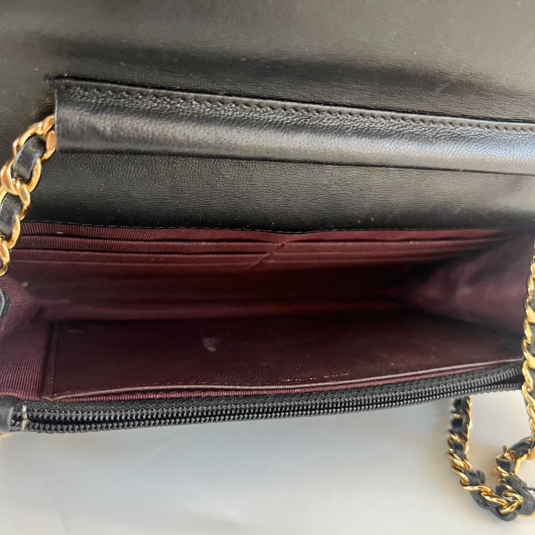 Chanel black quilted lambskin wallet on chain crossbody bag