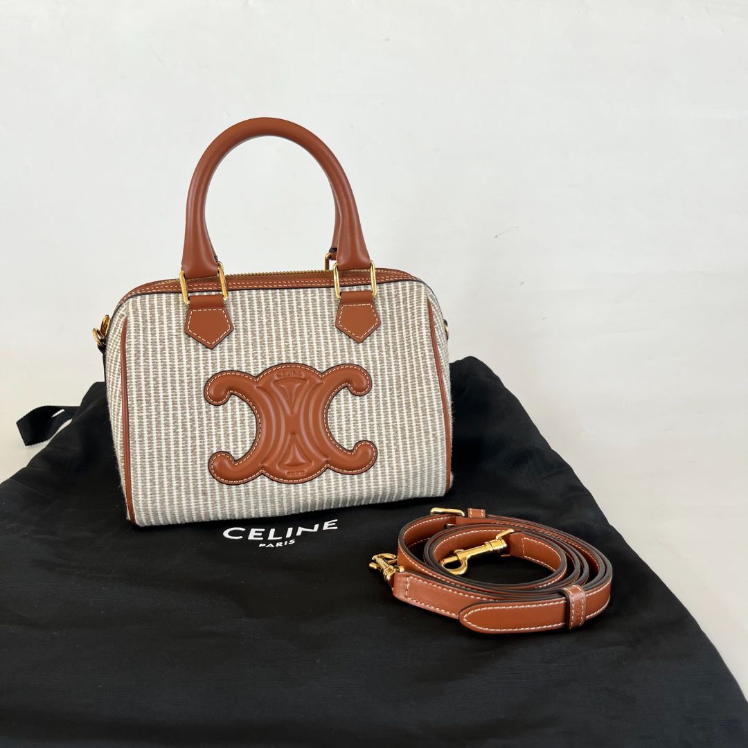 Celine Boston Cuir Triomphe in striped textile and calfskin