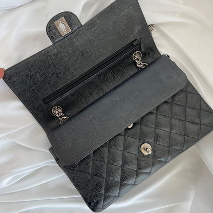 Chanel caviar black flap bag with silver hardware