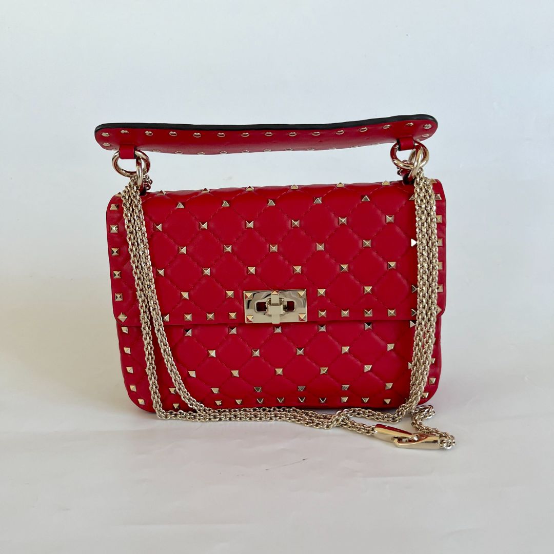 Valentino Red Quilted Leather Medium Rockstud Spike Chain Bag