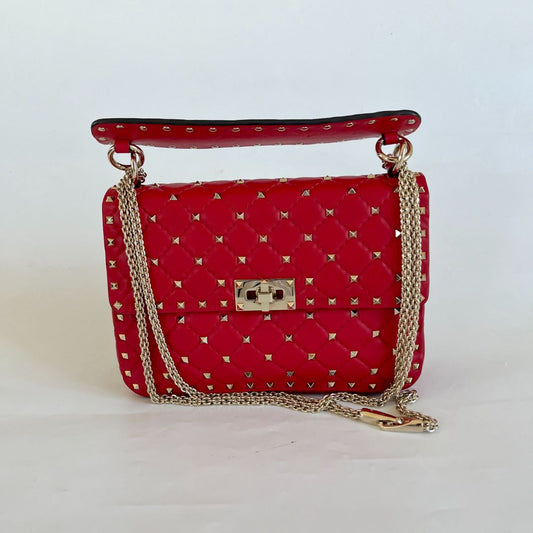Valentino Red Quilted Leather Medium Rockstud Spike Chain Bag