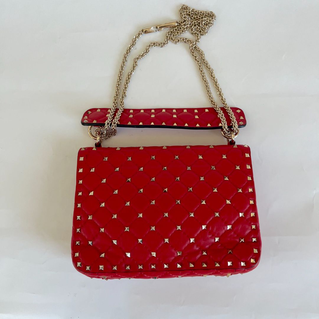 Valentino Red Quilted Leather Medium Rockstud Spike Chain Bag