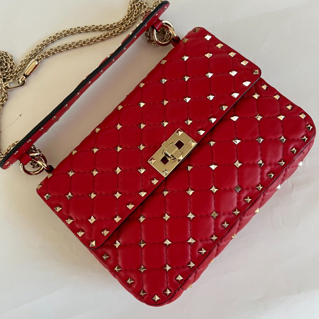 Valentino Red Quilted Leather Medium Rockstud Spike Chain Bag
