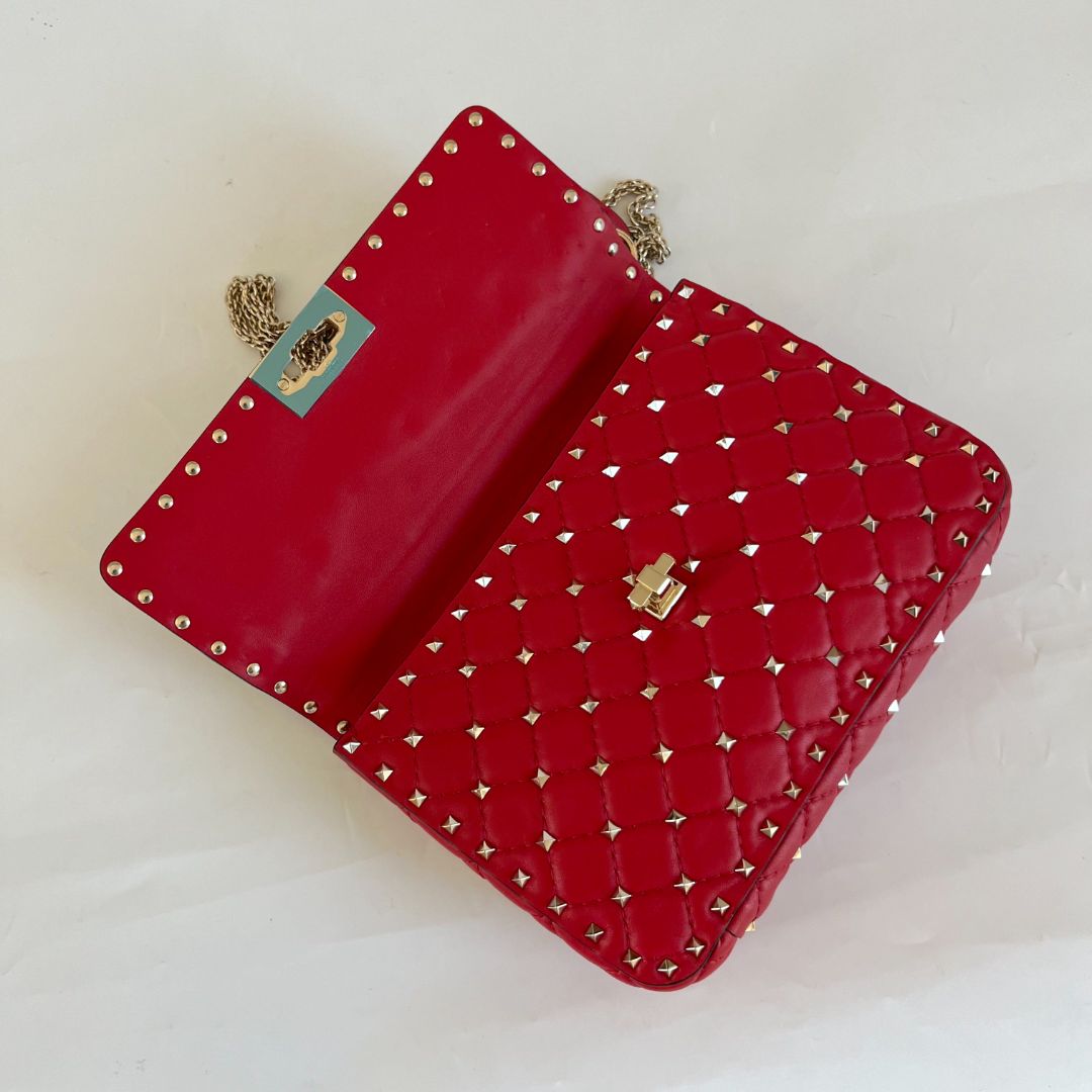 Valentino Red Quilted Leather Medium Rockstud Spike Chain Bag