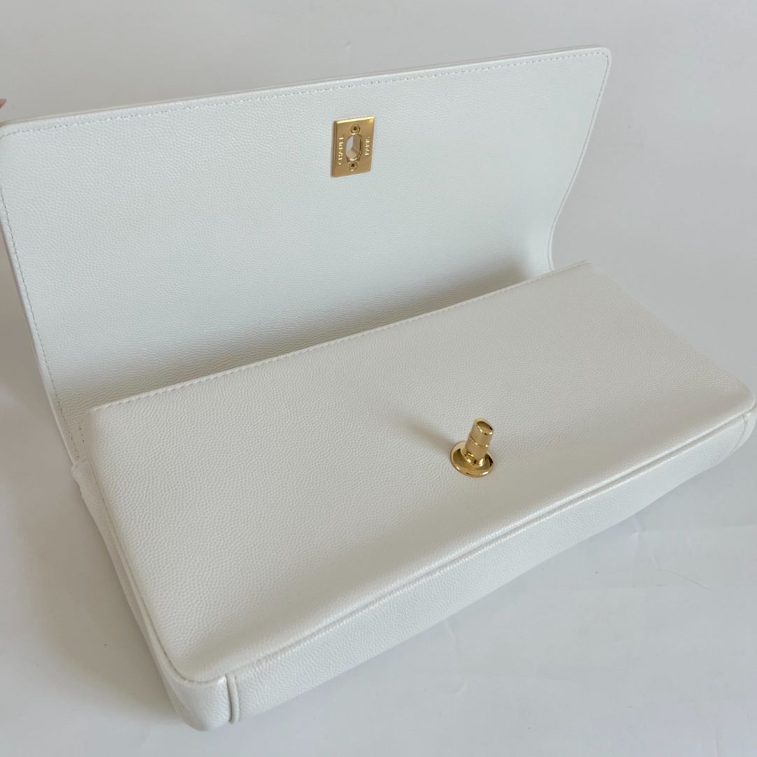 Chanel White Caviar Leather Captain Gold Clutch
