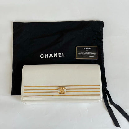 Chanel White Caviar Leather Captain Gold Clutch