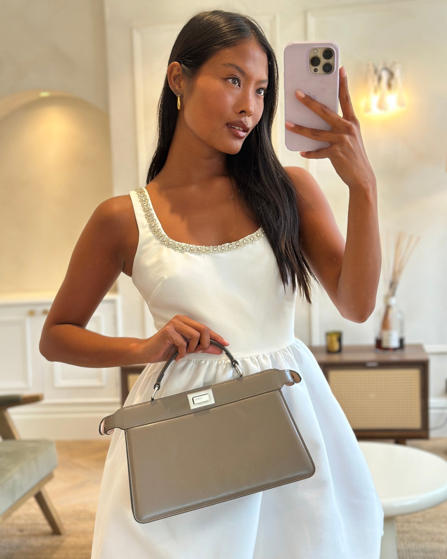 Fendi Light Brown With Pink Interior Leather Small Peekaboo Bag with Silver Hardware