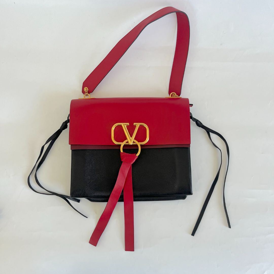 Valentino Black/ Red Leather VRing Flap Shoulder Bag