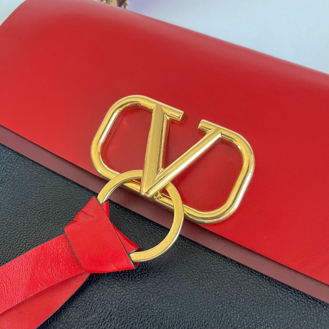 Valentino Black/ Red Leather VRing Flap Shoulder Bag