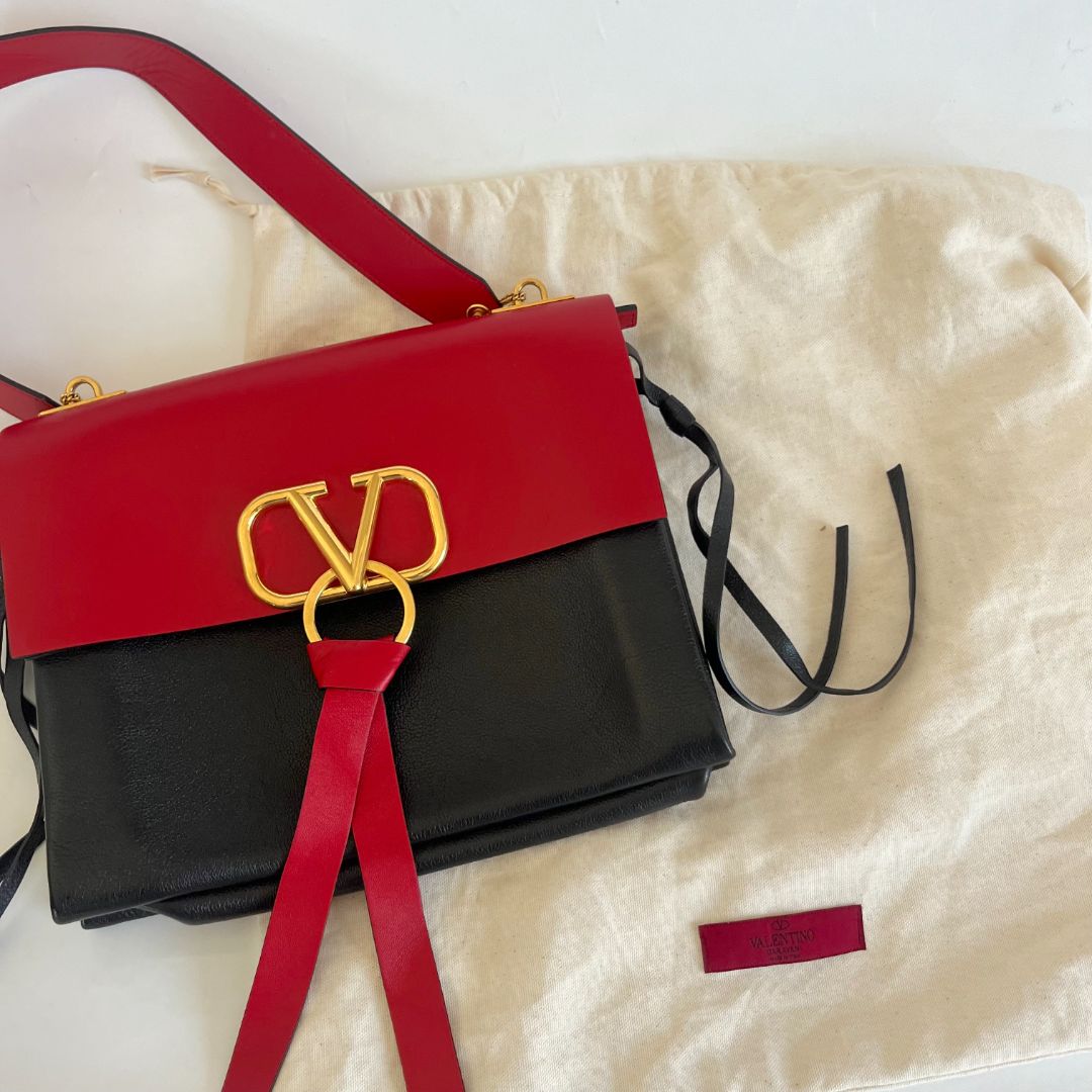 Valentino Black/ Red Leather VRing Flap Shoulder Bag