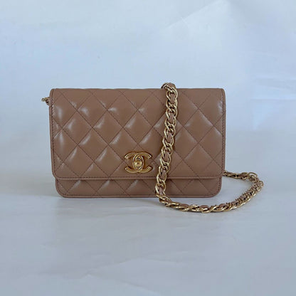 Chanel tan quilted leather wallet on chain crossbody bag