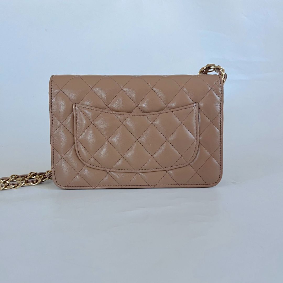 Chanel tan quilted leather wallet on chain crossbody bag