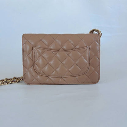 Chanel tan quilted leather wallet on chain crossbody bag