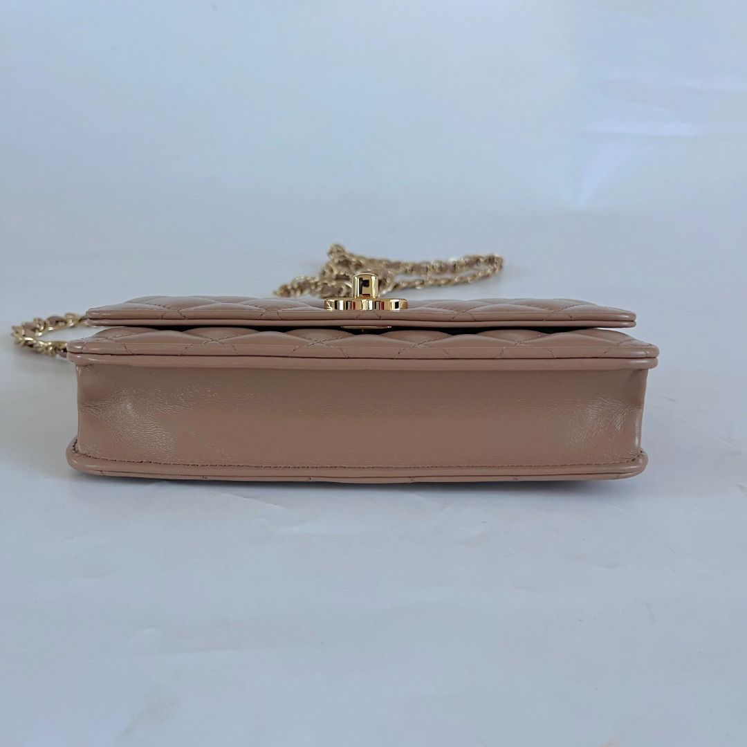 Chanel tan quilted leather wallet on chain crossbody bag