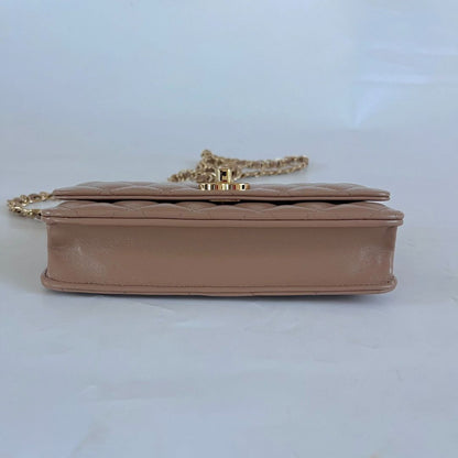 Chanel tan quilted leather wallet on chain crossbody bag
