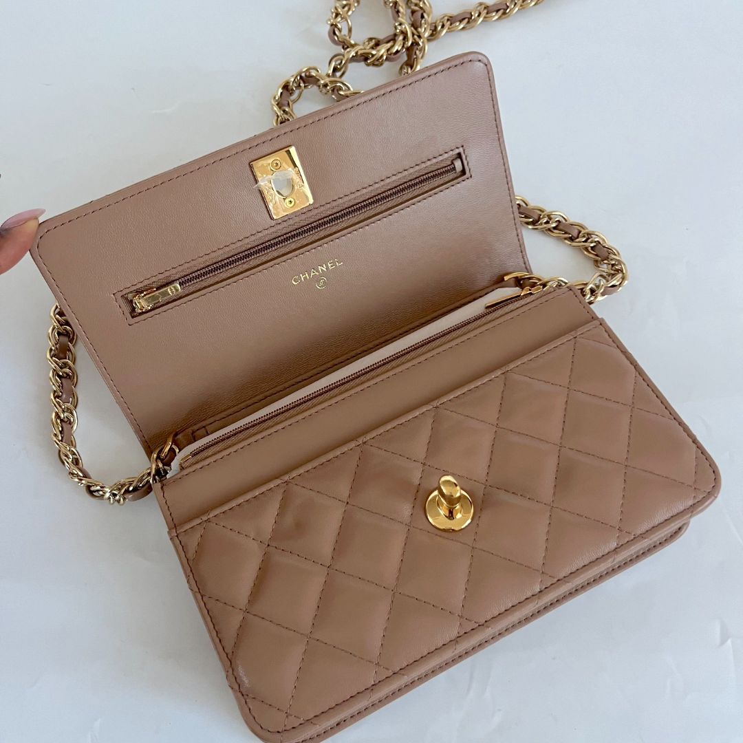 Chanel tan quilted leather wallet on chain crossbody bag