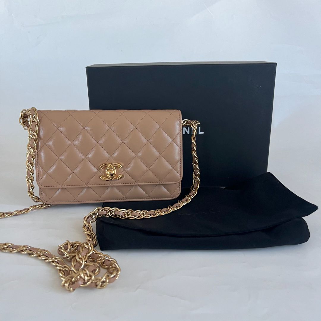 Chanel tan quilted leather wallet on chain crossbody bag