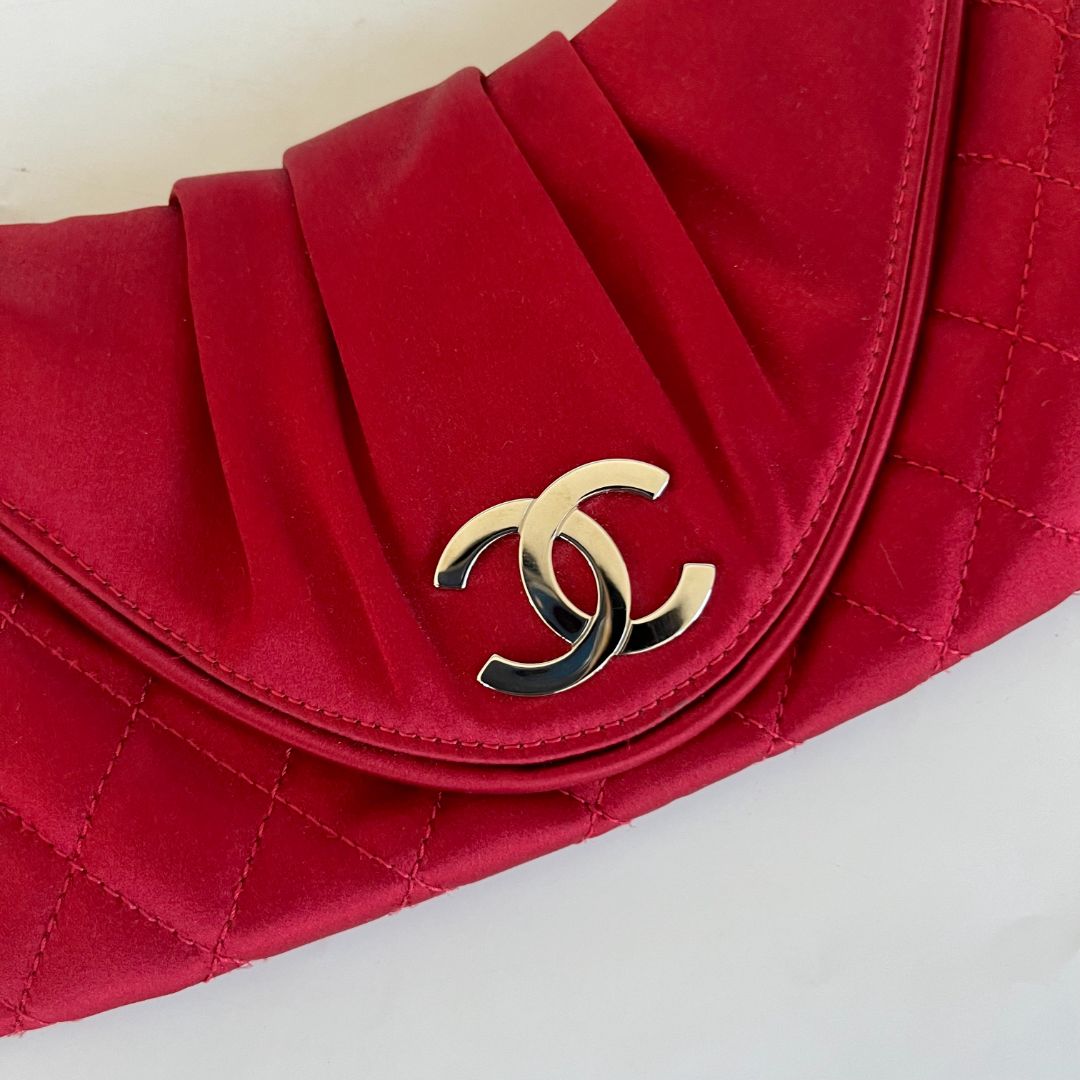 Chanel Red Quilted Satin Half Moon Clutch