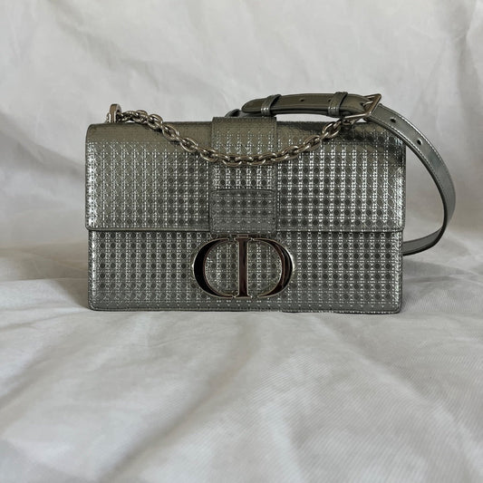Christian Dior Silver  Micro Cannag Leather Montaigne Flap Chain Cross Body Bags