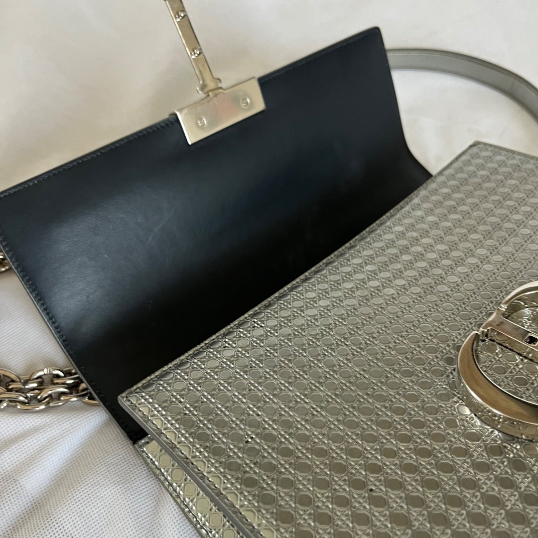 Christian Dior Silver  Micro Cannag Leather Montaigne Flap Chain Cross Body Bags