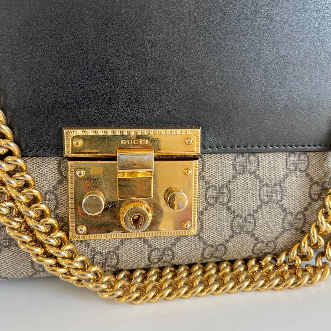Gucci Black/Brown GG Supreme Coated Canvas Padlock Shoulder Bag