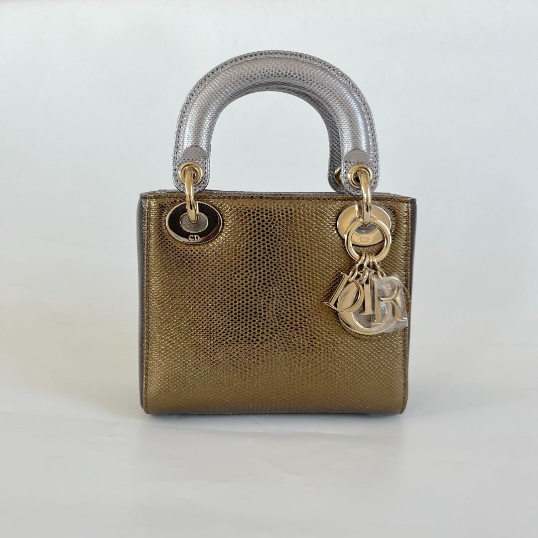 Dior Mini Lady Lizard Print Chain Shoulder Bag Metallic Gold